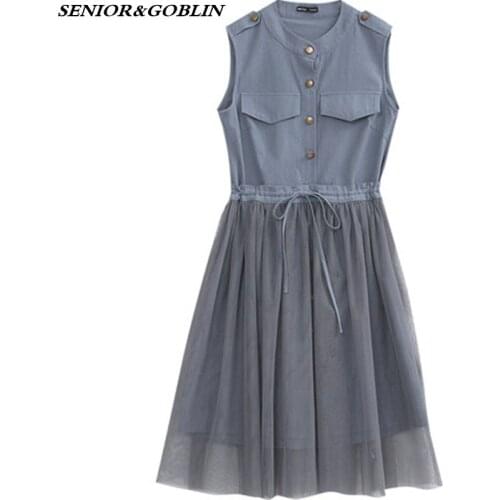 2019 New Summer Runway Cotton 2 Piece Set Dress Designer Women Blue Pink Mesh Short SKirt + Sleeveless Casual Dress Blend Suits