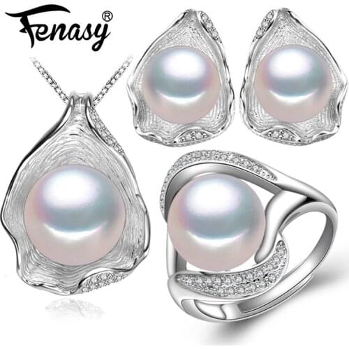 FENASY 925 Sterling Silver Jewelry Sets Natural Pearl Pendant Necklaces For Women Fashion Pearl Stud Earrings Wedding Ring