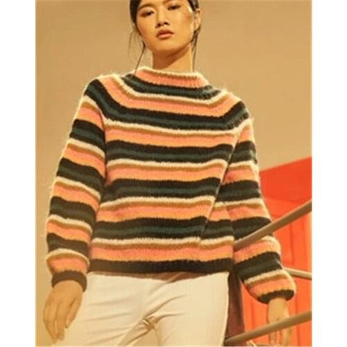 100% hand made wool thick knit women vintage striped Oneck loose pullover sweater retail wholesale customized