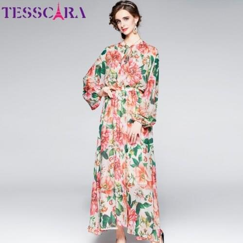TESSCARA Women Elegant Floral Dress Festa High Quality Long Maxi Prairie Chic Party Robe Femme Runway Designer Chiffon Vestidos