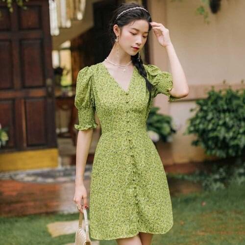 WYWMY French Floral Dress Women Summer 2021 New Fashion Green V-neck Short Sleeve Slim Party Dress Bubble Sleeve Short Dresses
