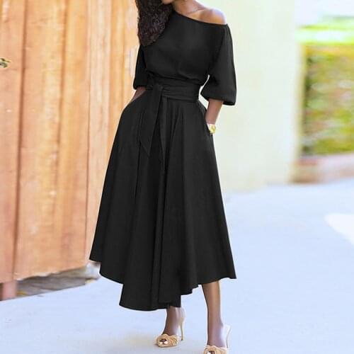 Sexy Oblique Collar Off Shoulder Party Dress Women Fashion Elegant Temperament Solid Long Dress Office Lady Tie-Up Belt Dresses