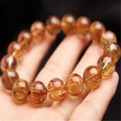 12.5mm Genuine Brazil Natural Copper Hair Rutilated Quartz Crystal Bead Stretch Charm Bracelets