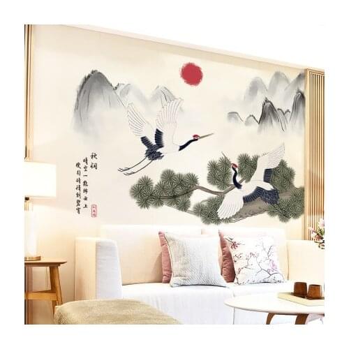 3D Wallpaper Chinese Style Ancient Crane Wall Stickers Living Room Wall Decoration Poster Self-adhesive Vintage Home Decor Mural