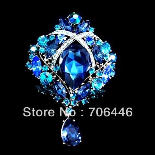 4" Vintage Bronze Plated Large BLUE Rhinestone Diamante Water Drop Glass Crystal Party Brooch Pins Gifts