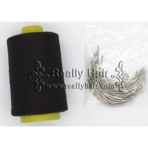 Free shipping 50pcs Large type C hair weaving needles curved needles with 1 roll Brown thread Cotton weaving thread