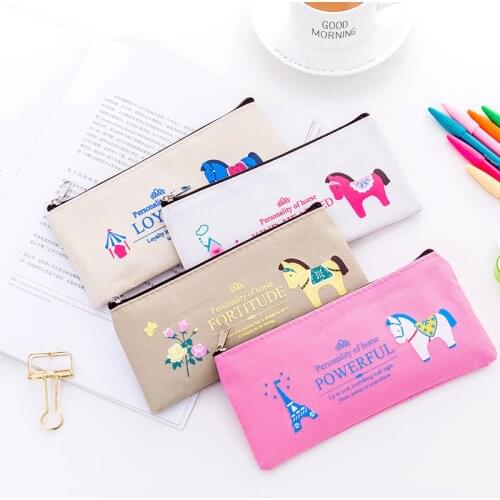 1 Pcs Animal Pencil Case Fabric Zipper Bag Creative Novelty Cartoon Horse Stationery Storage Pencil Box Pen Case School Supplies