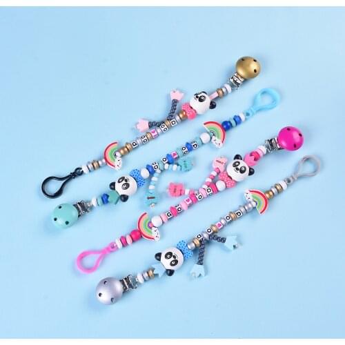 Baby Handmade Wood Silicone Pacifier Chains Safety Beads Dummy Panda Chain Baby Eco-friendly Pacifier Clips Holder Chain