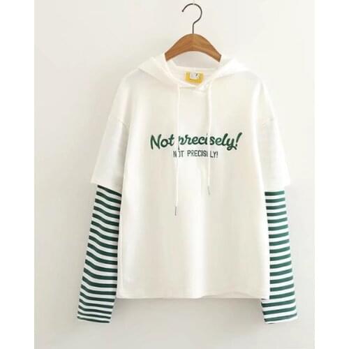 Mori gir small pure and fresh False 2 pieces letter printed stripe Multicolor hooded fleece sweatshirt schoolgirl spring clothes