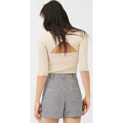 French m family 2021 spring and summer new slim solid color V-shape design vertical grain open back T-shirt mfppu00405