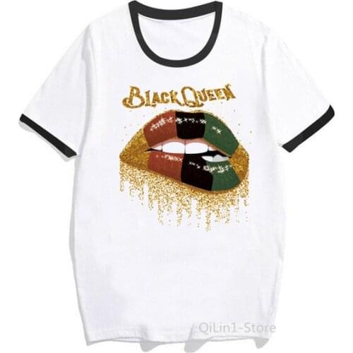 Black Queen Lip Print Black Girl Tshirt Summer Women White Short Sleeve Top Streetwear Female Graphic Tees Aesthetic Clothes
