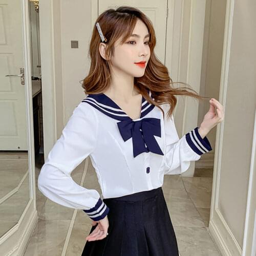 Harajuku Sailor Collar Navy Blouse Japan Lolita Sweet Bow Knot Girl Retro Cotton Kawaii Preppy Style Long Sleeve Lolita Shirts