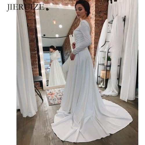 JIERUIZE White Simple Backless Wedding Dresses Long Sleeves Open Back Bride Dresses Wedding Gowns