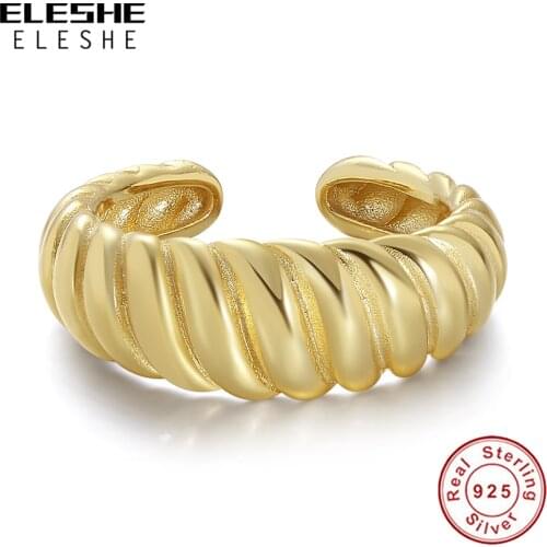 ELESHE 100% 925 Sterling Silver 18K Gold Plated Croissant Adjustable Ring For Women European Vintage Jewelry 2021