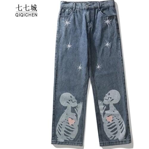 Retro Skull Embrodiery Washed Jenas Pants Men High Street Oversize Straight Baggy Couple Casual Harajuku Denim Trousers 2021
