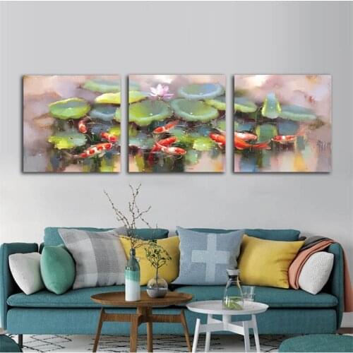 Full Square Round Drill 5D DIY Diamond Painting Goldfish and Lotus Flower Triptych Diamond Embroidery Cross Stitch Gift FS277