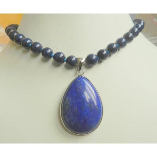 New 8mm Natural Egyptian Lapis Lazuli Gemstone 28x36mm pendant Necklace 18"