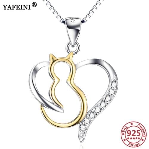 YAFEINI 925 Sterling Silver Necklace Heart Cat Crystal Zircon Women Necklace Pendant Animal Necklace 925 Silver Chain Moms Gift