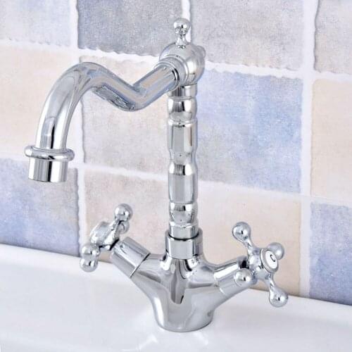 Polished Chrome Brass Bathroom Kitchen Basin Sink Faucet Mixer Tap Swivel Spout Dual Cross Handles One Hole Deck Mounted msf660