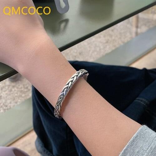 QMCOCO 925 Silver Wide Bracelet Vintage Do Old Handmade Woven Twist Bangles Fashion For Woman Party Jewelry Gift 2021 New Trendy