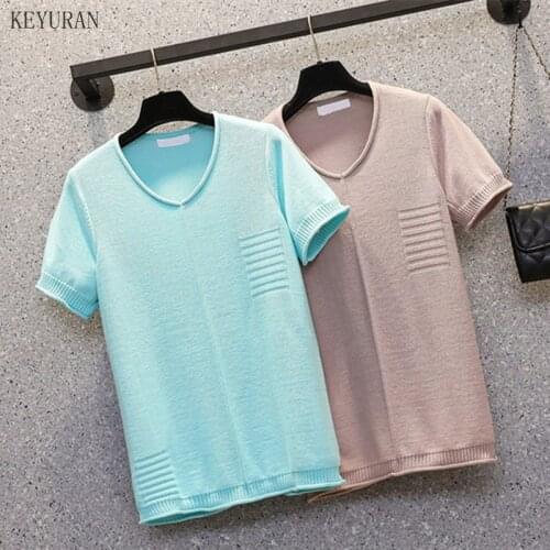 Plus Size V-Neck Patchwork Solid Knitted T-Shirt Femme Knitted Sweater Tees Tops Women 2021 Summer T Shirt Womens Femme T-Shirts