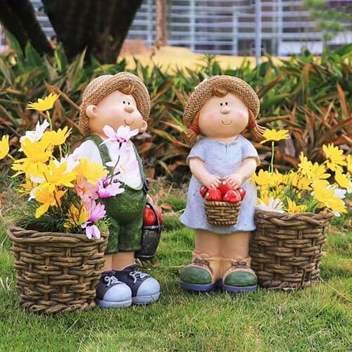 Little Boy And Girl Flower Pot Decoration Craft Statue Cute Flower Basket Home Decor Ornament Garden Statues Figure Sculpture