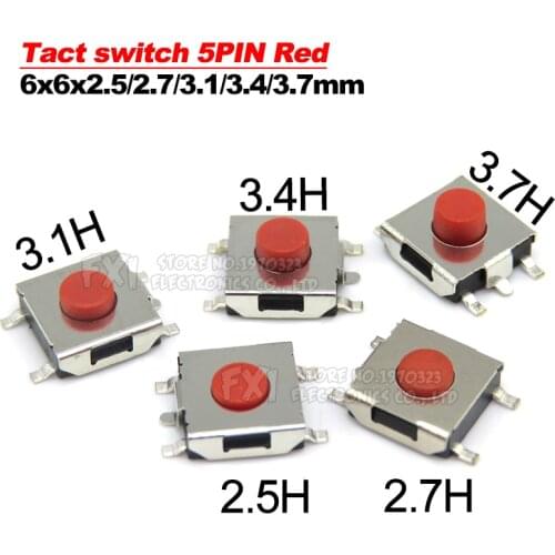 50PCS Tact switch 5PIN Red 6*6*2.5/2.7/3.1/3.4/3.7mm SMD switch 6x6x2.5/2.7/3.1/3.4/3.7mm ibuw MINI push button switch