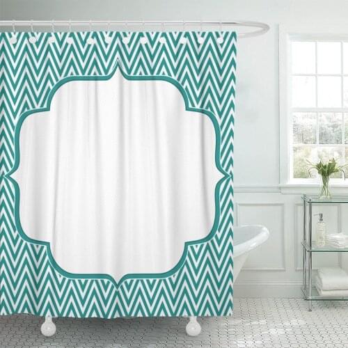 Teal and White Chevron Zigzag Center for Copy Space Shower Curtain Waterproof Polyester Fabric 60 x 72 Inches Set with Hooks