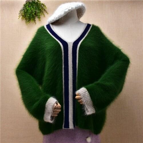 Ladies women clothing hairy green angora rabbit fur knitted long sleeves v-neck loose pullover autumn winter blouses sweater top