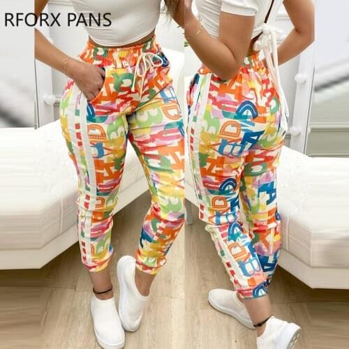 Women Casual High waist Lace-up Letter Striped Skinny Pencil Pants