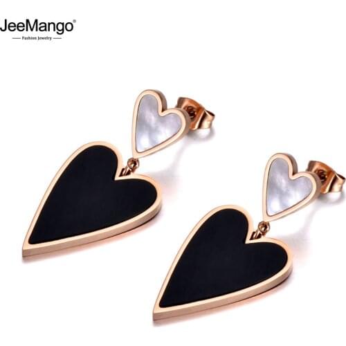 JeeMango New Titanium Stainless Steel Black Acrylic & White Shell Bohemia Earrings Double Heart Earrings For Women Girls JE20033