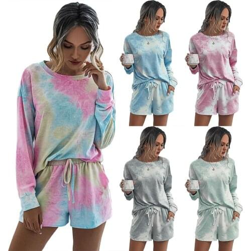 Women Casual Tie Dye Homewear Set Blouse Drawstring Shorts Loungewear Pajamas