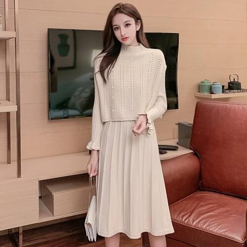 2021 Autumn Winter Knitted 2 Piece Set Women Long Flare Sleeve Pullover Sweater Dress+Lady Knitting Beaded Vest Suit