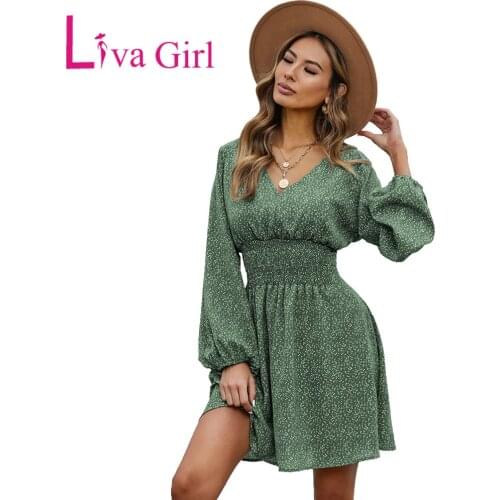 LIVA GIRL Woman Elegeant V Neck Balloon Sleeve Smocked Waist Printed Mini Dress Female Spring Autumn Sexy Slim Short Dress S-XL