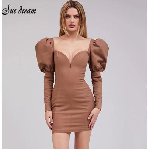 2021 New Summer Women Sexy V-neck Puff Long Sleeve Skinny Mini Dress Fashion Celebrity Club Party Dress Vestido