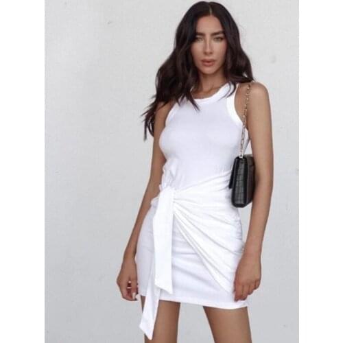 Urifens Womens Knitted Solid O Neck Sleeveless Tank Dress 2021 Summer Irregular Lace Up High Waist Slim Bodycon Dresses BT68U