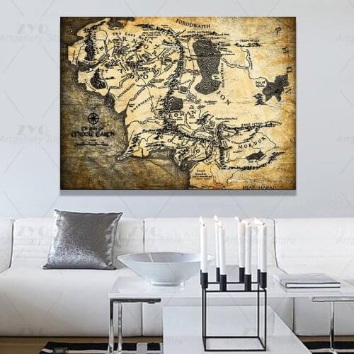 HD Printed 1 Piece Ancient Map Painting Middle Earth Map Canvas Art Painting Wall Pictures Vintage Artwork