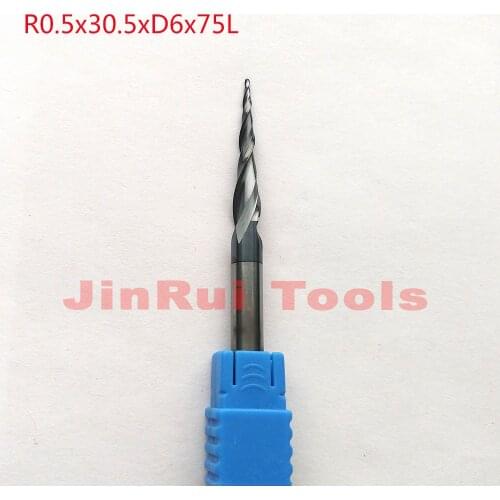1pc R0.5*D6*30.5*75L*2F HRC55 Tungsten solid carbide Coated Tapered Ball Nose End Mills CNC milling cutters knife