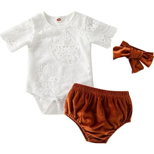 New Baby Girls 3Pcs Summer Outfits, Short Sleeve Floral Lace Romper + Shorts + Headband Set