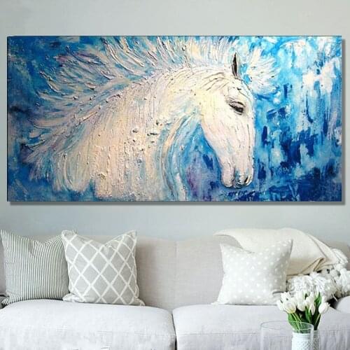 Acrylic Animal Paintings Palette Knife Wall Art Picture Home Decor Hand Painted Abstract White Horse Oil Painting on Canvas Blue