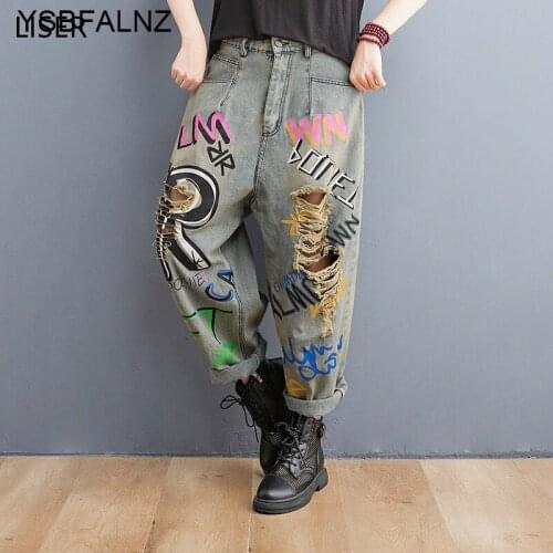 Spring Autumn Fashion Ripped Jeans Trousers Women Loose Plus Size Letter Printing 2021 Trend Graffiti Thin Hip Hop Harem Pants