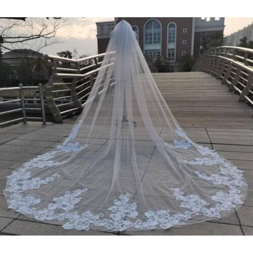 Bridal Wedding Veil Lace Appliqued Cathedral Long Wedding Accessories White IvoryTulle Veils with Comb for Brides Velos de Novia