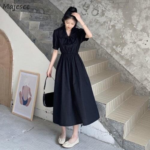 Short Sleeve Dress Women Peter Pan Collar Solid High Waist Harajuku Vintage Design Slim A-Line Streetwear Summer Ladies Fashion