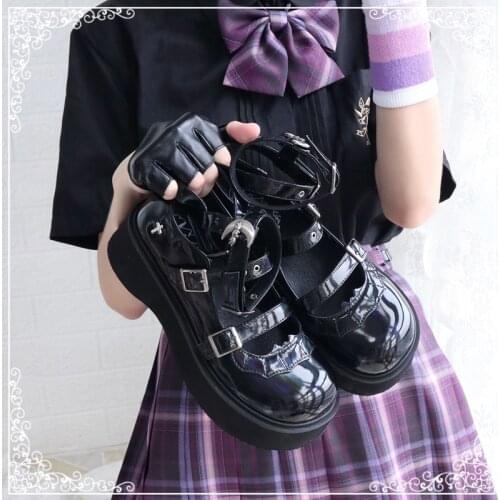 Gothic Girls Punk Loli Female Black Japanese Cute Anime Cosplay Lolita Shoes Women Harujuku Platform Mid Heel Jk Buckle Feminine