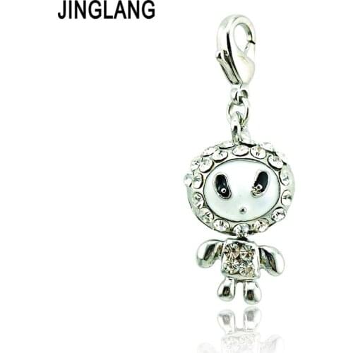 JINGLANG Fashion Silver Color Rhinestone Puppet Doll Pendant Lobster Clasp Charms DIY Bracelet/Necklace Making Accessories