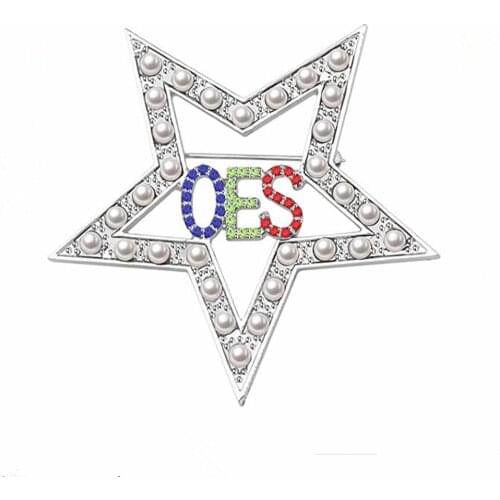 Quality Metal Alloy White Pearl Green Blue Red Crystal Five Star Order Easter OES Brooch Sorority Pin
