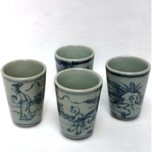 YIZHU CULTUER ART 4 Pcs Collection China Old blue-and-white Porcelain Painting Boy Figure Cup Bowl