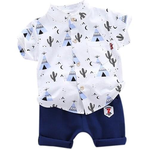 Summer Baby Boys Casual Short Sleeve Floral Print shirt Tops+Denim Shorts Set