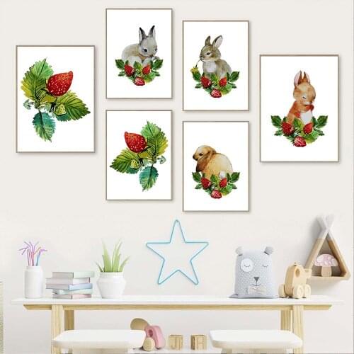 Nursery Rabbit Strawberry Wall Art Canvas Painting Bunny Animal Leaf Poster And Print Nordic Pictures Baby Kids Room Decoration