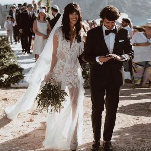 Charming Sexy Wedding Dresses Boho Long sleeve See Through Ruff V-Neck Bridal Gowns Summer Beach Vestido De Noivas DW159
